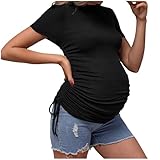Kurzarm Umstandsshirt Damen Umstandsmode Tshirt Einfarbig Umstandstop Schwangerschafts Seite Geraffte Umstandskleidung Tops T Shirt Kurzarm Umstands T-Shirt für Schwangerschaft Hoodie (L)