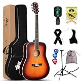 Winzz Akustikgitarren 4/4, Anfänger Gitarren 41 Zoll mit Gitarrentkoffer, Stimmgerät, Gurt, Plektren, Extra Saite und Gitarrenständer, Dunkler Sonnenschliff (Matt,Sunburst)