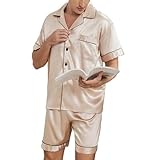 Herren-Pyjama, Satin, Haus-Set, Sommer, Pyjama, kurzärmelig, lockere Shorts, große Größe, Pyjama, bequeme Nachtwäsche, roségold, L