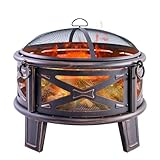 MistMo 66 cm Feuerstelle mit Grill, Holzfeuerstelle mit Funkenschutz, runde Metall-Feuerstelle für Terrasse, Garten, Hinterhof, Lagerfeuer, Party, Camping