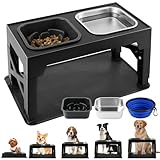 Hundenapf Erhöht, Höhenverstellbarer Hundenapf Grosse Hunde - 1400 ml Edelstahlnapf & 1100 ml Anti-Schling Napf inkl. Reisenapf und placemat - rutschfeste Futterstation für mittelgroße/große Hunde