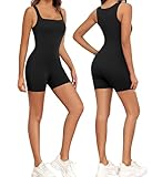 Xnova Jumpsuit Damen Ärmellose Stretch, Kurz Romper Eng Quadratischer Ausschnitt Bodycon, Yoga Workout Bodysuit Shorts (Schwarz, M)