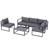 Outsunny 6-TLG. Gartengarnitur Gartenset Gartensofaset Sitzgruppe Gartenmöbel Alu+ Polyester + Hartglas Grau 4 x Sessel 1 x Ecksofa 1 x Beistelltisch Kissen für 4–5 Personen