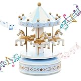 MINGZE Vintage Karussell Spieluhr, Schöne Handgemachte Holz Spieldosen Spielzeug Handwerk Geburtstag Ausgangsdekoration Weihnachtsgeburtstags Kinderkind Mädchen (Star-Blue)