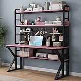 Büroschreibtisch, Bücherregal, Computertisch mit Ablageflächen und Stecktafel, Massivholz, großer Arbeitszimmer, Schreibtisch, Schreibtisch, moderner Heimbüro-Schreibtisch (Rosa + Schwarz, 109,2 x