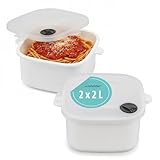 Hausfelder Mikrowellengeschirr 2L mit Deckel & Ventil, 2er Set Mikrowellenschüssel BPA-frei, Mikrowellentopf rund 2 Liter, Gefrierbehälter mit Griffen, Weiß (2 Stück)