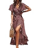 CUPSHE Damen Sommerkleid V Ausschnitt Kurzarm High Low Wickelkleid Rüschensaum Lange Freizeitkleider Strand Maxi Dress Rot M