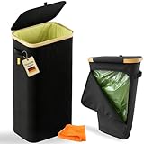 Gelber Sack Ständer 80L mit Bambusrahmen – Faltbarer Textilbehälter mit Deckel & Rückseiten-Reißverschluss – Für 62×90 cm Gelbe Säcke – inkl. Mikrofasertuch – Schwarz