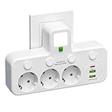 6 in 1 Mehrfachsteckdose, Steckdosenleiste mit USB, 3er Steckdose mit Schalter, Tragbar Steckdosenverteiler Fach, Steckdosenleiste Ohne Kabel, für Büro, Hause, Reisen