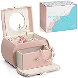 Vlando Spieluhr Ballerina Schmuckkästchen, Abschließbares Schmuckschatulle Mädchen PU Leder mit Schubladen, Schmuckkästchen Kinder, Schmuckbox mit Kanon Melodie, Kindertag Geschenke für Mädchen