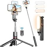 Stable Selfie Stick Stativ mit Abnehmbarer Fülllicht, 111cm Erweiterbar Handy Stativ mit Kabelloser Fernbedienung um 360° Drehbar für iPhone, Samsung, Huawei, Sony und Andere Smartphones