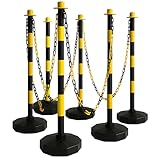 Technosafety - Set von 6 Absperrpfosten Gelb-Schwarz mit 22M Kette - Kunststoff-Kettenpfosten und Absperrkette
