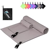 Jokisa Mikrofaser Handtuch 2er Set, 180X90cm Strandtuch Mikrofaser + 80X40cm Sporthandtuch, Schnelltrocknendes & Sandfrei Handtücher für Outdoor Sauna Strand Trekking (Hellgrau)