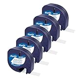 CNMTCCO 5x Etikettenband kompatible für Dymo Letratag 12mm x 4m, Kunststoff Schriftband für Dymo Beschriftungsgerät LT-100H LT-100T 200B XR 91221 S0721660, Schwarz auf Weiß