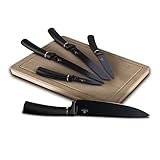 Berlinger Haus Black 5er Set Profi Küchenmesser, +Bambus Schneidebrett, Edelstahlklinge Antihaftbeschichtung, Kochmesser Brotmesser Tranchiermesser Schälmesser Mehrzweckmesser Black Line Design