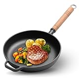 RANJIMA Gusseisenpfanne, Ø27cm Eingebrannte Feuerfeste Gusseisen Pfanne Ohne Beschichtung Gusspfanne mit Holzgriff, Gusseisen Bratpfanne Induktion Grillpfanne Cast Iron Pan für Alle Herdarten Geeignet