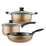 CCKUYT Kochgeschirr-Set, Pfannen- und Topf-Set, 3-teilig, Suppentopf, Sauteuse, Topf für heiße Milch, Glasdeckel, Induktion, antihaftbeschichtet, für Verschiedene Hitzearten verwendbar
