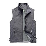 YAOTT Leichte Softshell Weste für Herren, Wasserdichte Winddichte Laufweste, Outdoor-Weste Sommer Anglerweste, Atmungsaktive Vest Gilet Ärmellose Jacke für Radfahren, Laufen, Wandern, Arbeit,Grau,XXL