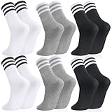 6 Paare Socken Damen Herren Sportsocken 39-43 Streifen Tennissocken Lange Baumwollsocken Unisex Crew Socken für Damen Herren