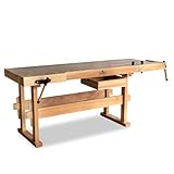 BAMATO Hobelbank WORK-2100 aus Massivholz | Buchenholz | Arbeitshöhe 82,5cm | 2X Spannzange | Geräumiger Schubkasten | Werkbank Werkzeugbank Holzwerkbank