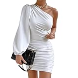 Hanaoops Kleid Damen Sexy Bodycon Langarm Minikleid Schulterfreies Figurbetontes Falte Kleider Kurz Abgeschrägte Schultern Wickelkleid Bleistiftkleid Partykleid Abendkleider Cocktailkleid