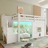 RIAZOS Kinderbett 90x200 cm mit Stauraumtreppe, Halbhohes Hochbett mit Fenster, Funktionsbett mit Regal, Spielbett mit LED, Holzbett mit Lattenrost, ohne Matratze, Weiß