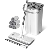 Wischmopp Set mit Eimer,Masthome Putzeimer mit Wischmop und 5 Mikrofaser Moppkopf, Wischmopp Set mit 140cm Edelstahl Griff, Bodenwischer mit Auswringfunktion für Alle Böden - Weiß