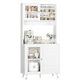 FOREHILL Küchenschrank, Buffetschrank, Vitrinenschrank mit Arbeitsplatte, Küchenbuffet mit Glastüren und 4 Schubladen, weiß, 80x40x180cm