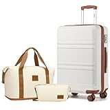 KONO Koffer Reiseset Hartschalenkoffer Handkoffer mit TSA-Schloss Gepäck-Sets von 3 Stück enthalten 1pcs Duffle Bag und 1pcs Kulturtasche, Creme weiß