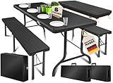 KESSER® Bierzeltgarnitur 3-teilig Set Tisch & 2x Bank | Buffettisch für drinnen & draußen Gartengarnitur klappbar 183x76x74cm Kunststoff Klapptisch Rattan-Look Gartentisch Inkl Abdeckung & Tragegriffe