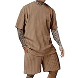 YCBMINGCAN 2 Outfits für Herren, kurzärmeliges -T-Shirt mit Rundhalsausschnitt und lässige Trainingsshorts mit Kordelzug Tech Fleece Schwarz (Brown, XL)