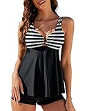 Laorchid high Waist Badekleid mit Badeshorts bauchweg bademode mit Tankini Obenteil Damen Badeanzug Tankini gepolstert Sexy Weiß und Schwarz Streiffen XL