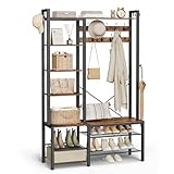 VASAGLE Garderobenständer mit Schuhbank, Garderobe, 5 Regalebenen aus Spanplatten, 9 Dreifach-Haken, 6 seitliche Haken, 40 x 120 x 190 cm, vintagebraun-tintenschwarz HSR426B01
