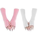 VEGCOO 2 Paar Damen Mädchen Fingerlose Handschuhe Gestrickte Warme Handschuhe Winter Warme Handschuhe Weiche Mittellange Stretch Handschuhe Für Büro, Tägliche Aktivitäten (Weiß & Rosa)