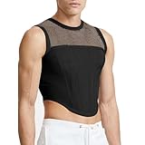 Herren Ärmelloses Asymmetrisches Tanktop, Transparenter Mesh-Einsatz Slim Fit Stretch Unterhemd(black,XL)