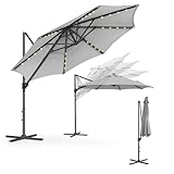 SONGMICS Sonnenschirm, Ampelschirm, 300 cm, 28 Solar-LED-Leuchten, UPF 50+, Gartenschirm, um 360° drehbar, Neigungswinkel stufenlos verstellbar, mit Kurbel, Kreuzfuß, Taubengrau GPU047G11