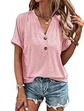 VEUNCOS Tshirt Damen Baumwolle V Ausschnitt Oberteile Elegant Lockere Kurzarm Shirt Rosa L