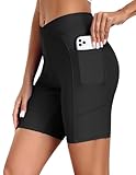 Ekouaer Badeshorts Damen Badehose Hohe Taille Schwimmshorts Bikini Shorts Sommer Strandshorts Bauchkontrolle mit Innenslip und Taschen,Schwarz M