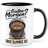 Tasse mit Spruch lustig Katze Morgenmuffel Witz Geschenkidee Kaffeetasse Humor Geschenk für Verschlafen Kaffeebecher Witz Becher (Weiß & Schwarz)