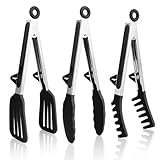 3 Stück Edelstahl Zange Küche mit Silikonspitzen küchenzange edelstahl fleischzange edelstahl küchenzangen Nudelzange Grillzange Kochzange Salatzange Servierzange für Salat Kochen Grillen, Schwarz