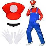 Aomig Kostüm, 4 Stück Luigi Bros Cosplay mit Mütze Hose Bart Handschuhe, Mario und Luigi Kostüm Set Männer Damen, Erwachsene Outfit für Weihnachten Karneval Faschingskostüme (Rot,L)