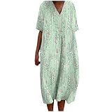 Musselin Kleid Damen Sommer V-Ausschnitt Luftige A-Linie Freizeitkleid Lässiges Kurzarm Sommerkleid Boho Strandkleider Cartoon Muster leinenkleid Casual Große Größe Urlaubskleid