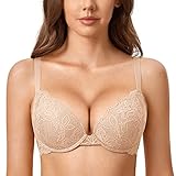 DOBREVA Damen Push Up BH Mit Spitze Gepolstert Plunge Bügel Vollschalen BHS Gemoldete Cups Beige 85B