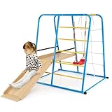 HOMASIS Klettergerüst Indoor, 6 in 1 Spielplatz mit Rutsche Schaukel Kletterleiter Kletternetz & Pull Up Bar, Montessori Kletterspielzeug aus Metall, für Kinder ab 3 Jahren, Bunt, 225 x 150 x 158 cm