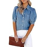 LITTLA Damen Bluse, Damen Kurzarm Jeanshemd Bluse Mode Hellblau Waschung Faded V-Ausschnitt Shirts Tops Süße Lockere Puffärmel Button-Down-Blusen Elegante Tunika-Tops Für Damen Mädchen,L