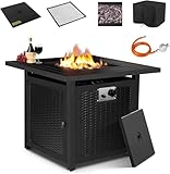 TLSUNNY Gas Feuerstelle, Feuerstelle inkl. Wasserfeste Schutzhülle, Lavasteinen, Tischplatte & Funkenschutz,72.5*72.5*67.5 cm,14,5 kW, 28 Zoll Gaskamin Outdoor, Automatische Zündung,Esstisch & Heizung