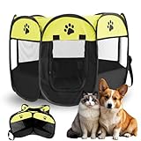 Welpenlaufstall Faltbar Hundebox, 74x74x43cm Welpenauslauf Katzengehege Kleintiergehege für Zuhause, Laufstall Freilaufgehege für Hunde Katzen Hasen Innen Draußen (Gelb)