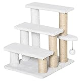 PawHut Katzentreppe 3-stufige Haustiertreppe mit Kratzsäulen Ball Hundetreppe Tiertreppe für Katzen bis 5 kg Plüsch Jute Weiß 45 x 40 x 48 cm