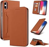 S. Dawezo Handyhülle für iPhone X,iPhone XS Hülle,Premium Leder Klappbare Flip Case [Stoßfeste][Magnetische][Standfunktion] [Kartenfächern] Tasche Schutzhülle für iPhone X,iPhone XS-Braun