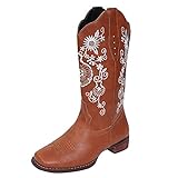 Woaikeyu Retro bestickte Cowboy-Stiefel für Damen, Leder, Mid Calf, Damenstiefel, Mode, niedriger Absatz, Halbstiefel, Reitstiefel, Biker, A Braun., 41 EU